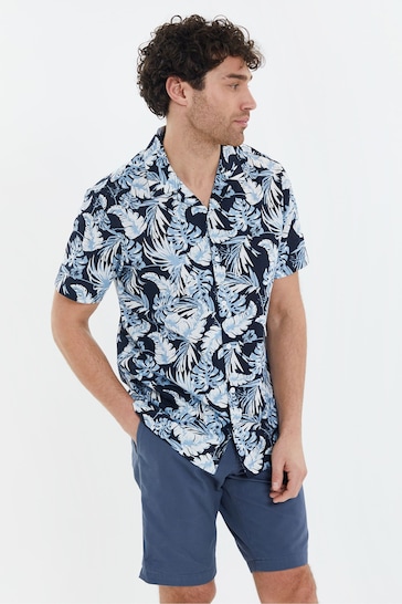 Threadbare Blue Short Sleeve Floral Print Revere Collar Shirt