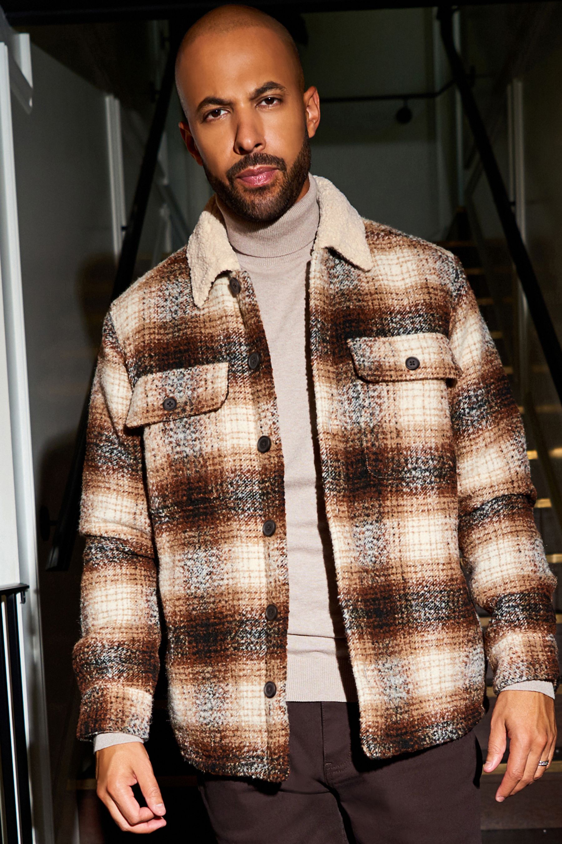 Rust check faux shearling collar shacket deals