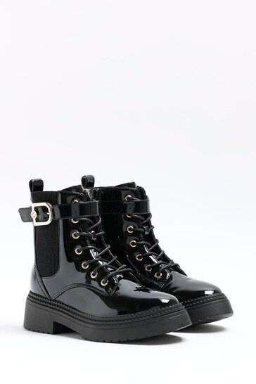 River Island Black Black Lace Up Buckle Boots