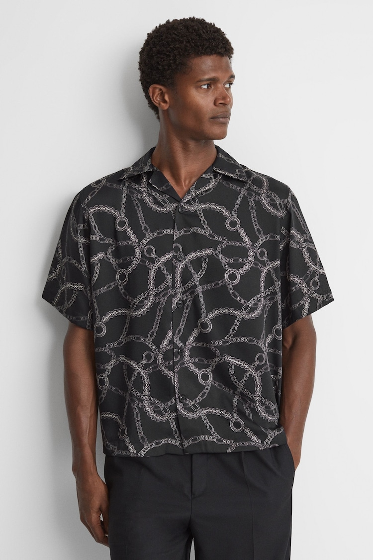 Reiss Black Quest Chain Print Cuban Collar Shirt - Image 1 of 5