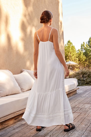 White Embroidered Strappy Maxi Summer Dress