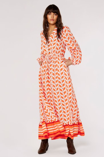 Apricot Orange & White Geo Leaves Border Wrap Dress