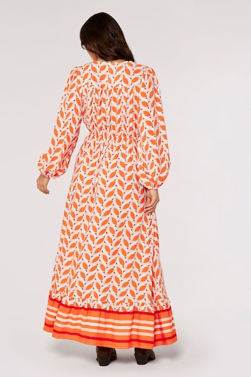 Apricot Orange & White Geo Leaves Border Wrap Dress