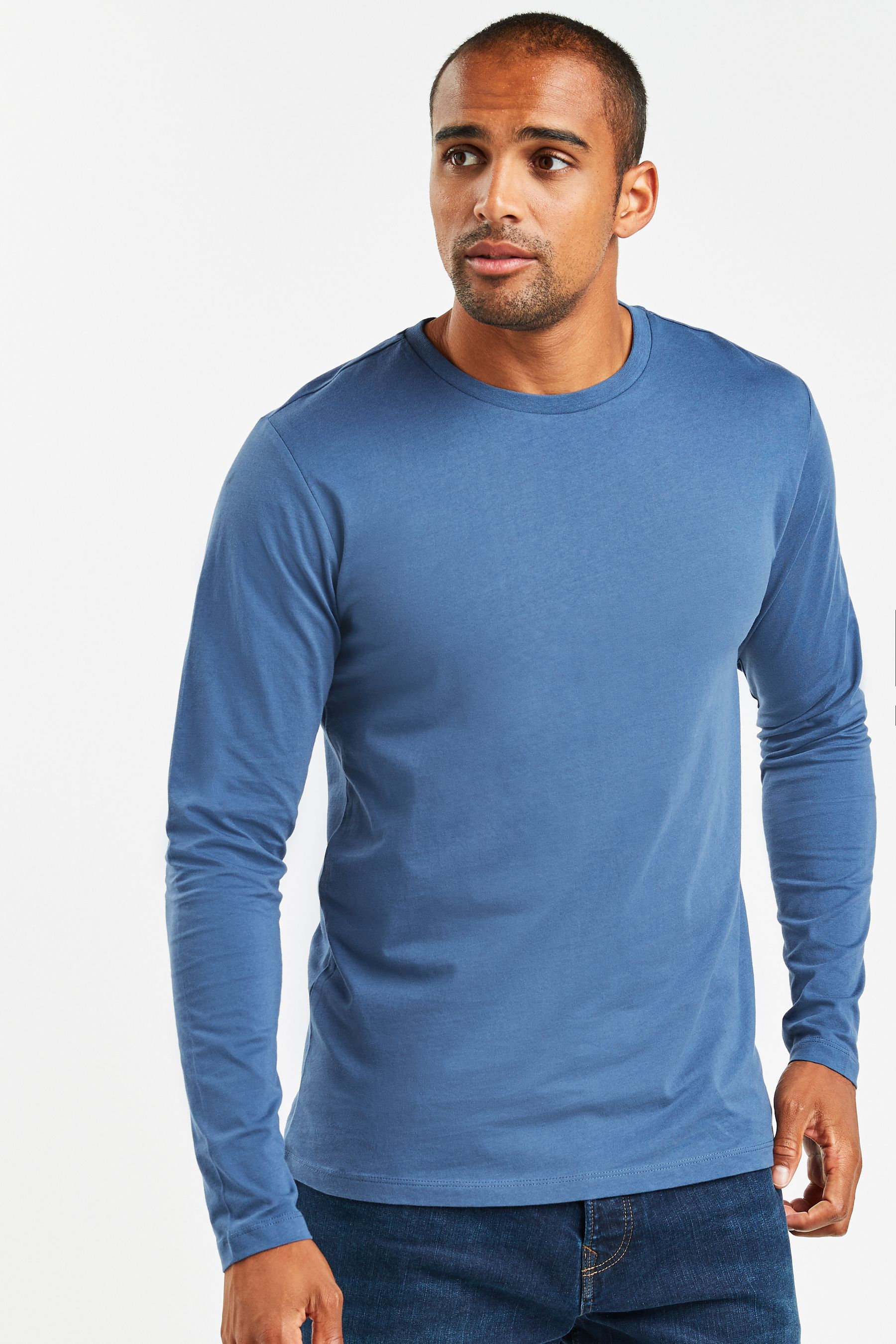 Blue Denim Regular Fit 100 Cotton Long Sleeve Crew Neck T Shirt