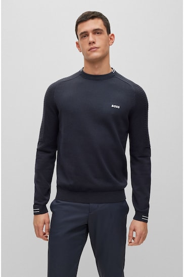 Buy BOSS Blue Tipped Logo Cotton Knitted Jumper from the Next UK online ...