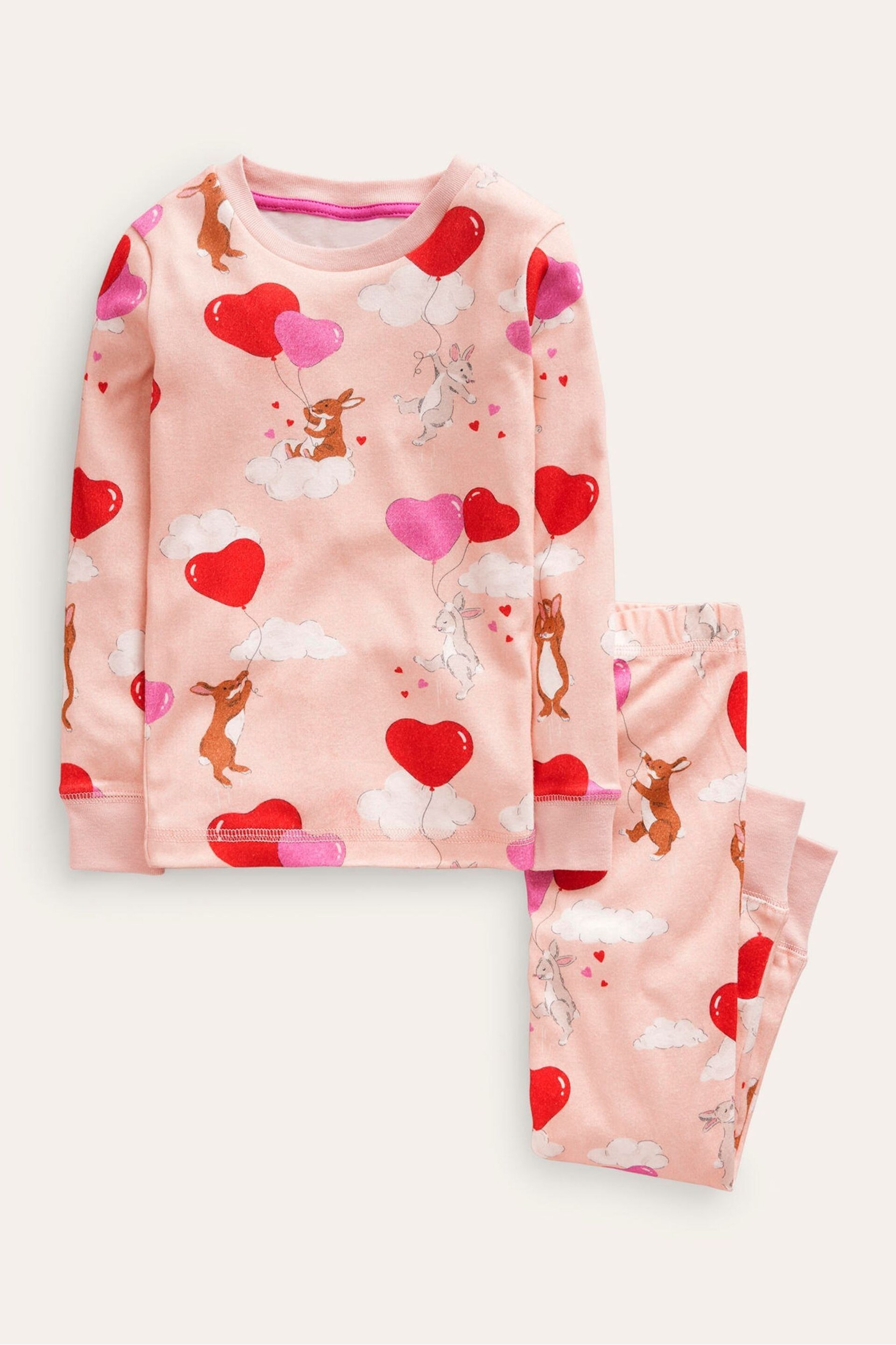 Boden Pink Snug Long John Bunny Heart Pyjamas - Image 1 of 3