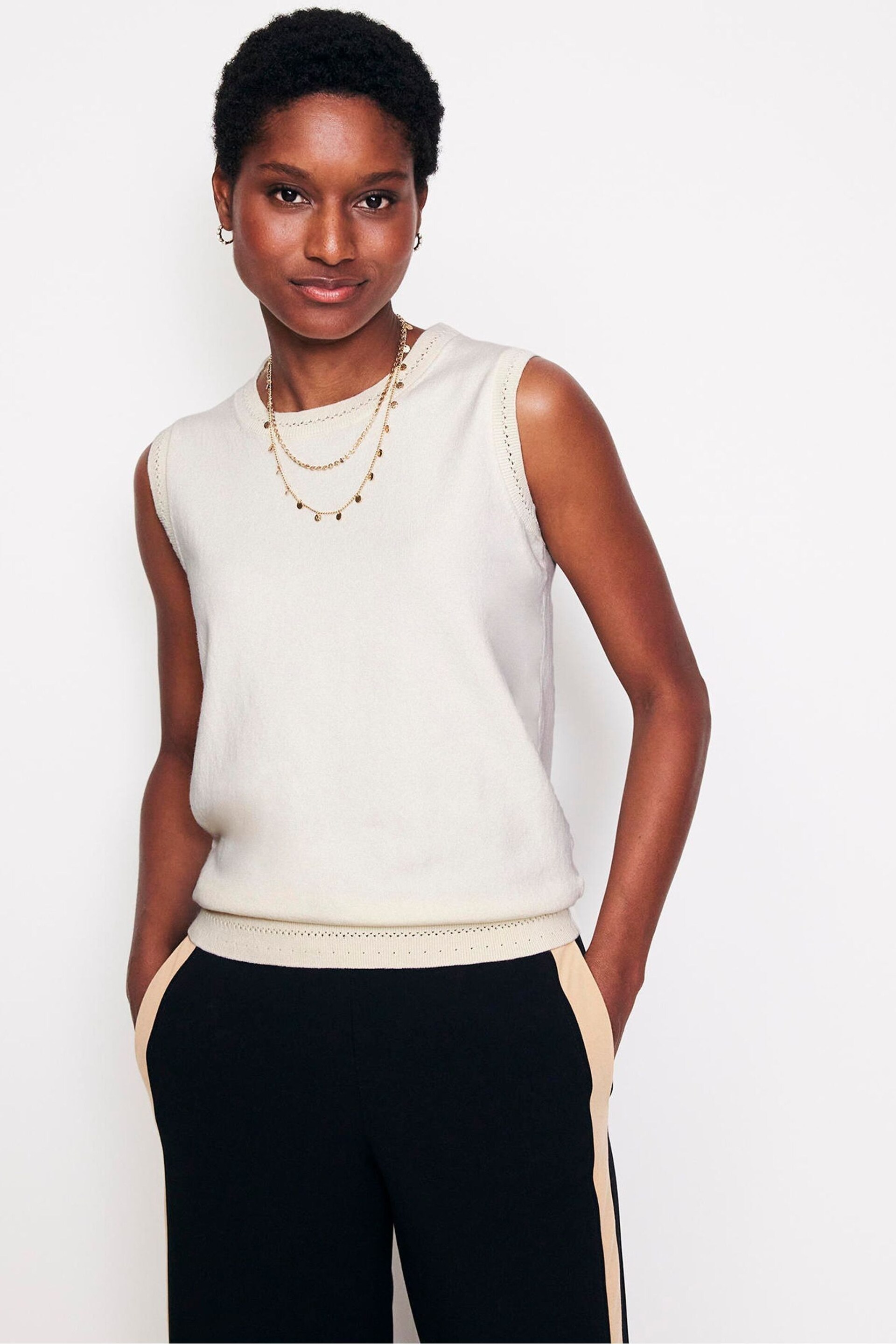 Boden Cream Catriona Crew Neck Cotton Tank - Image 3 of 6