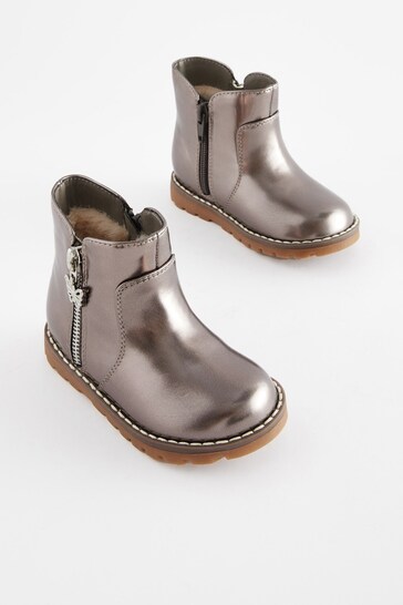 Silver Wide Fit (G) Warm Lined Tassel Detail Zip Boots