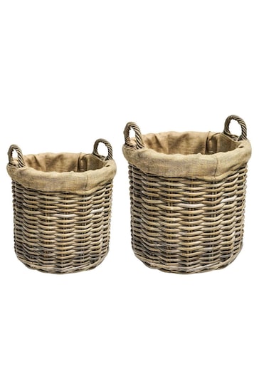 Ivyline Set of 2 Natural Wicker Log Lined Round Baskets