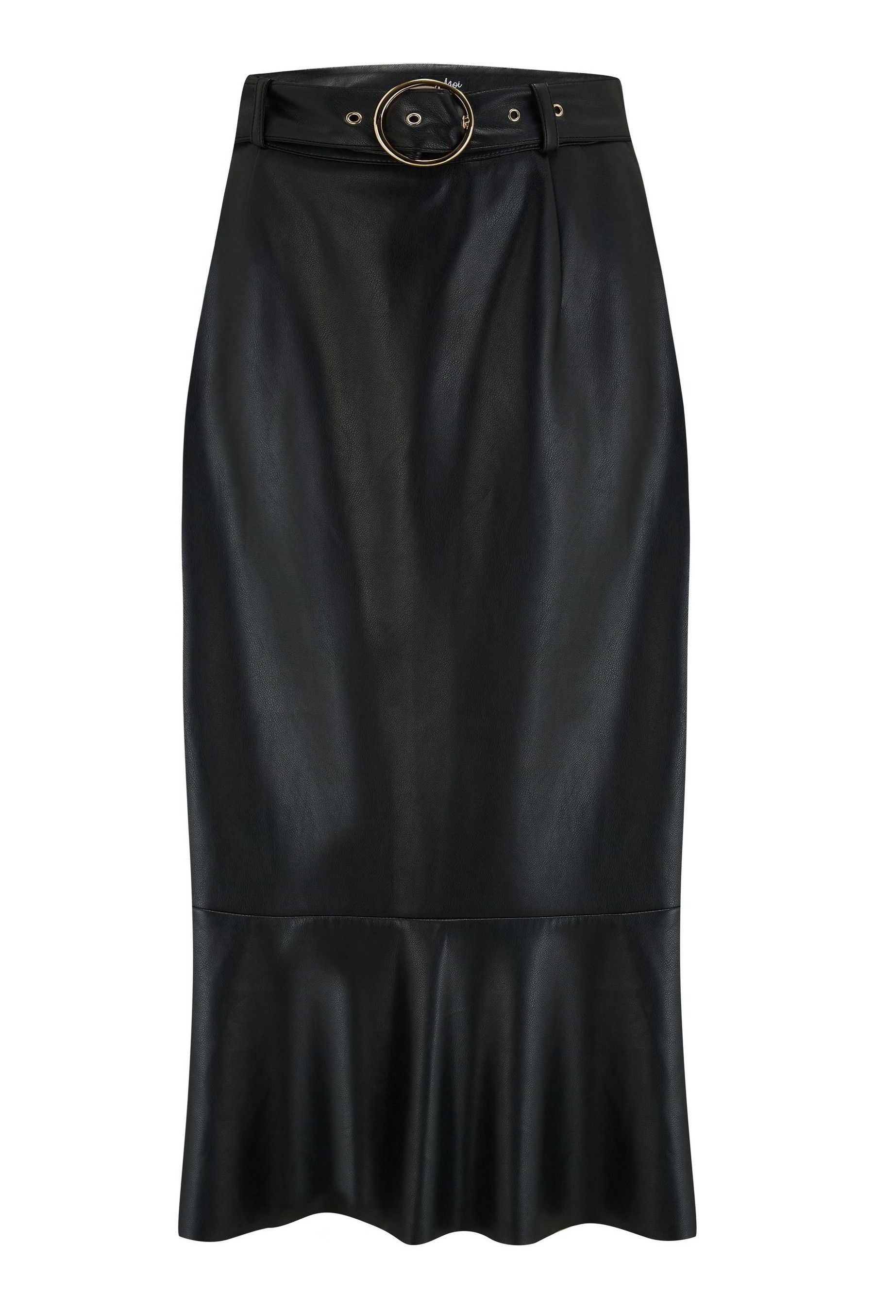 Pour Moi Black Phoebe Frill Hem Faux Leather Belted Midi Skirt