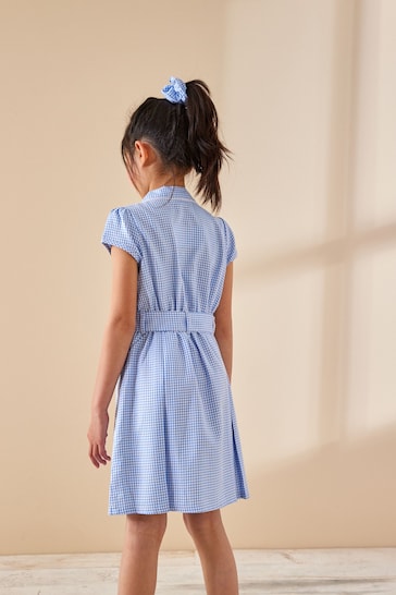 Blue Cotton Rich Belted Gingham School Dress With Scrunchie (3-14yrs)