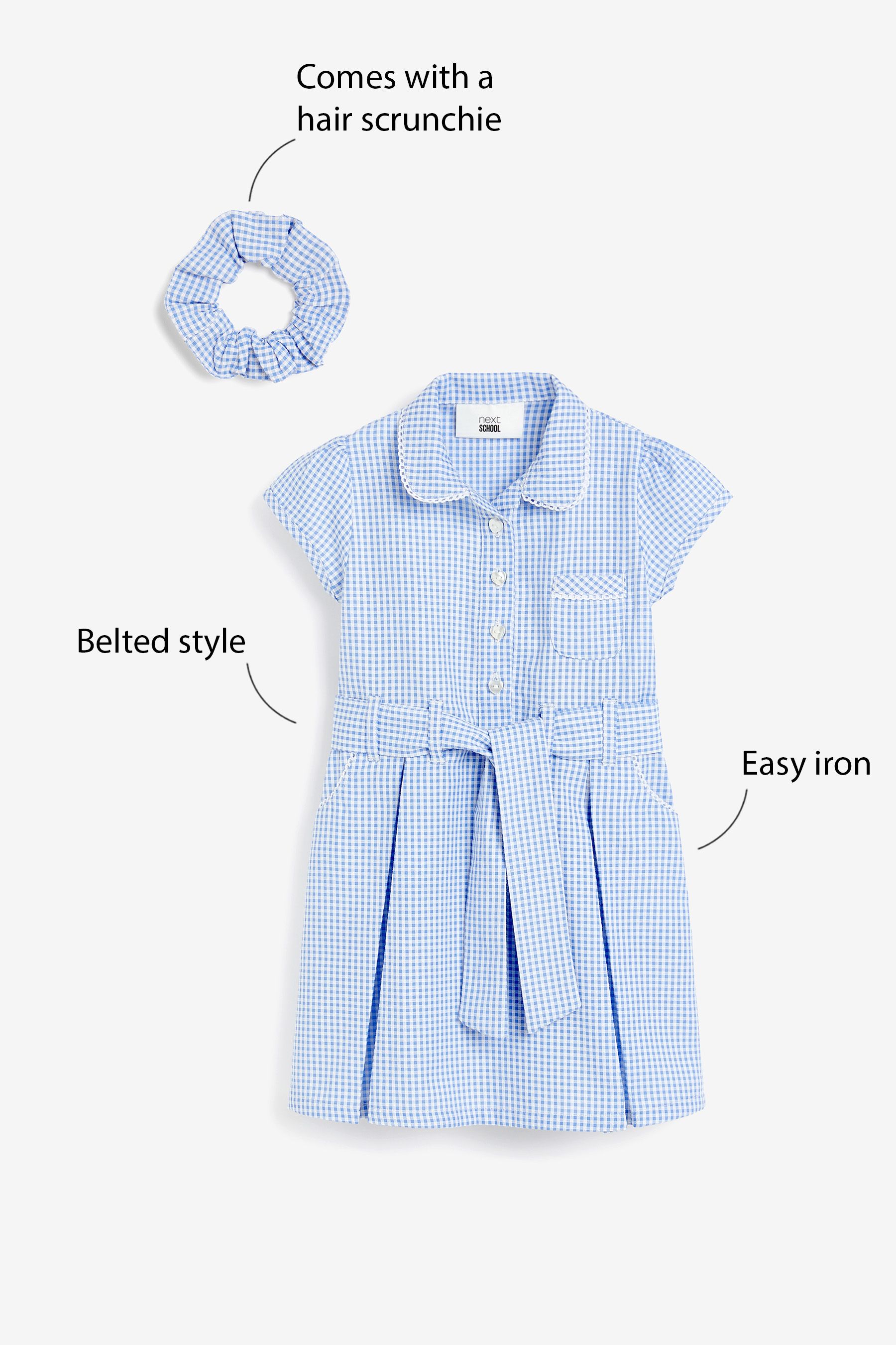 NEXT Blue Gingham 100 Cotton Rich Belted School Dress With Scrunchie 3 14yrs 5 Yrs Girls