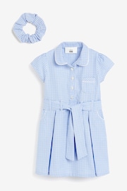 Blue Gingham Cotton Rich Belted School 100% Cotton Dress With Scrunchie (3-14yrs) - Image 6 of 10