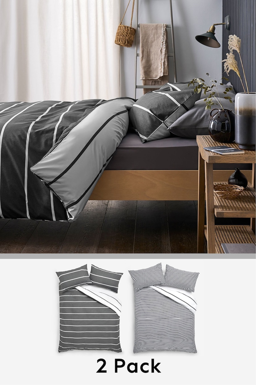 2 Pack Mono Stripe Reversible Duvet Cover and Pillowcase Set - Image 1 of 12