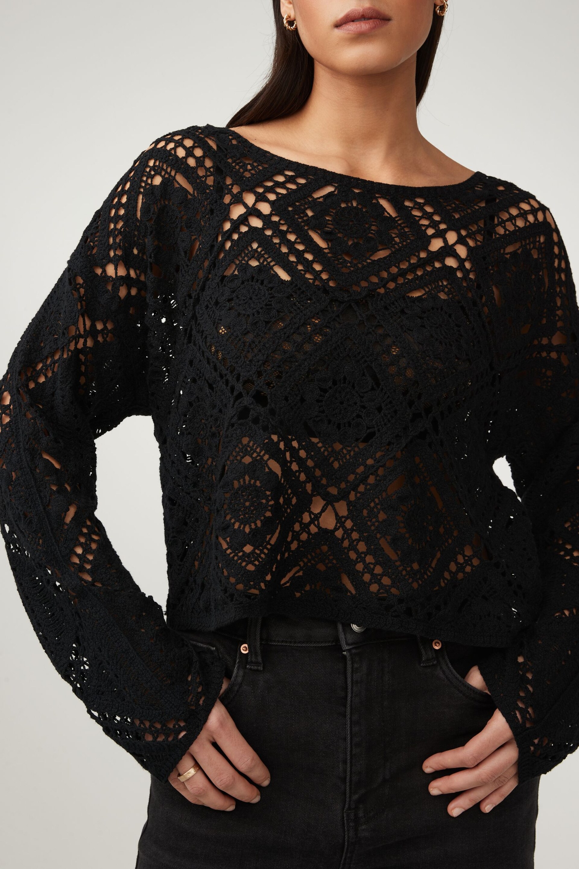 Black Long Sleeve Crochet Top - Image 4 of 7