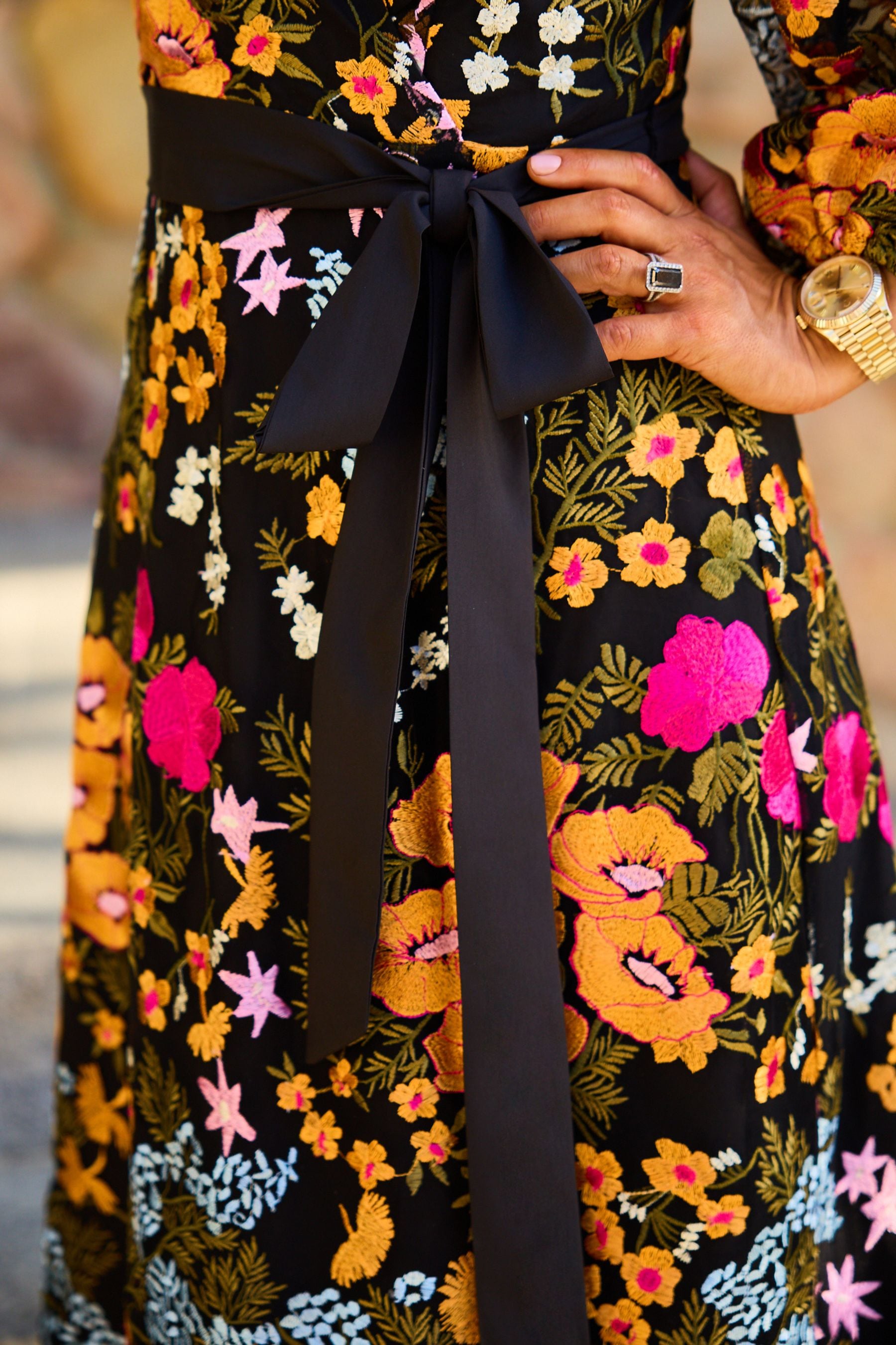 Embroidered wrap dress outlet