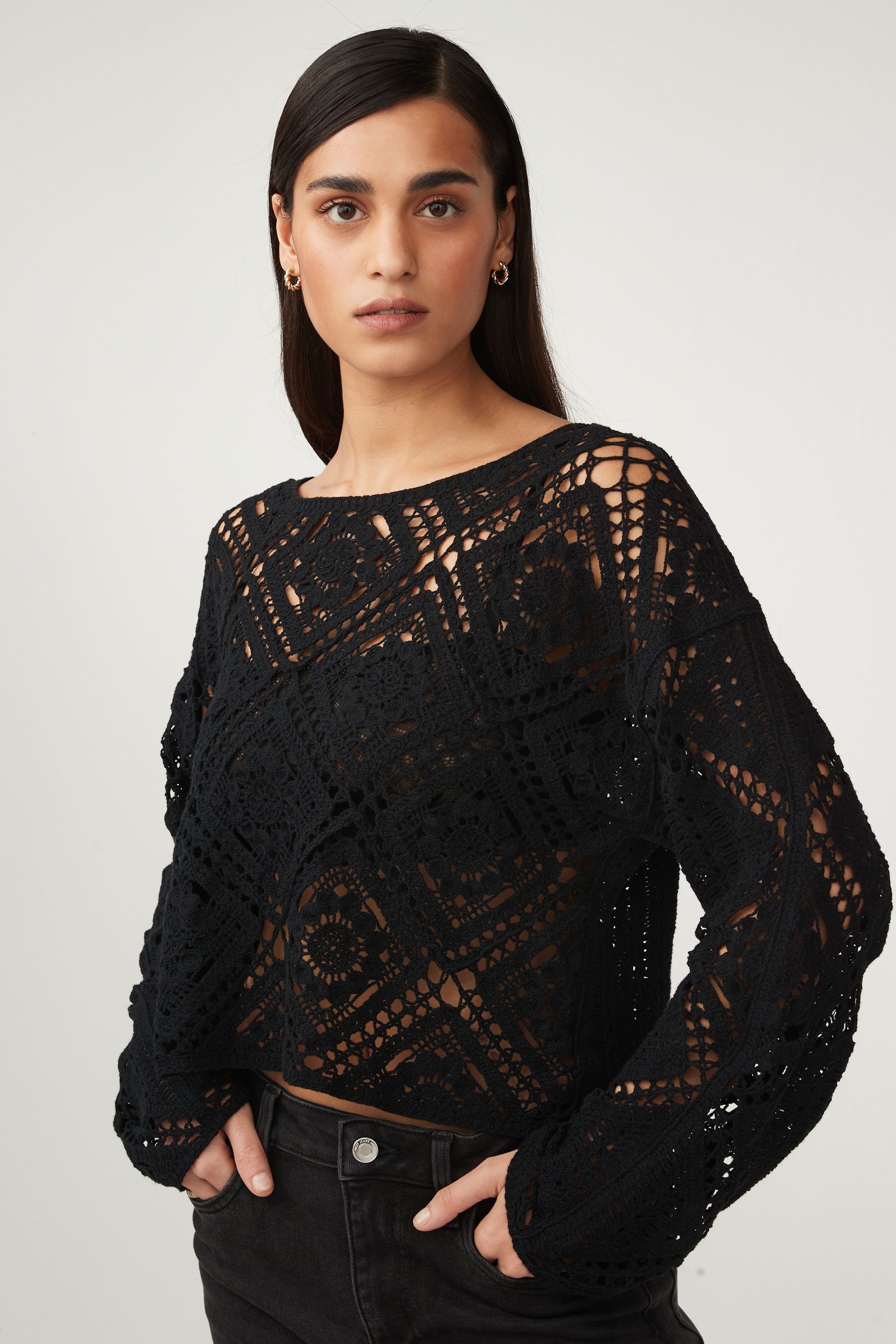 Black crochet shop top long sleeve