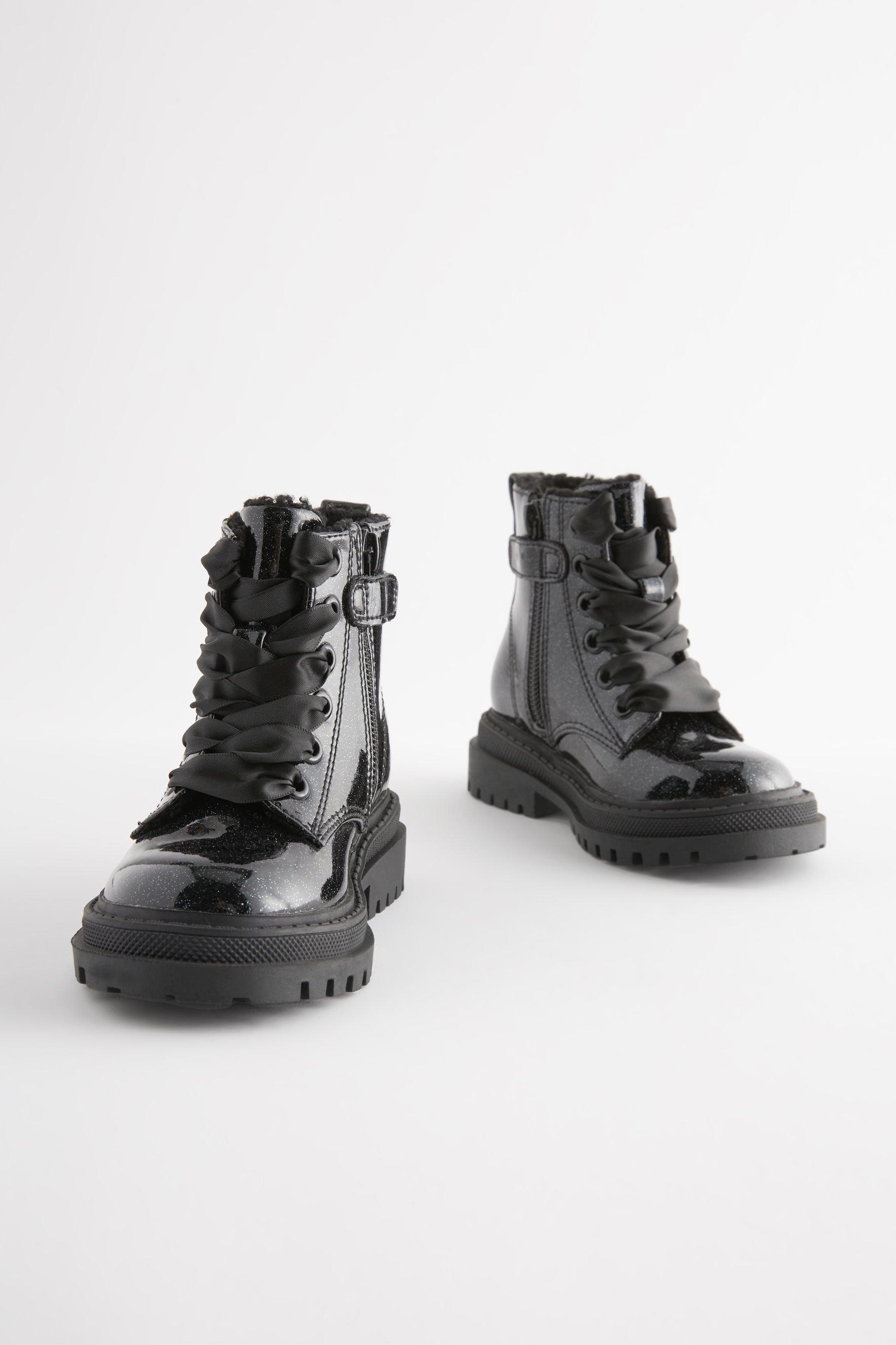 Buy Black Patent Wide Fit G Chunky Lace Up Ankle Boots from the Next UK online shop