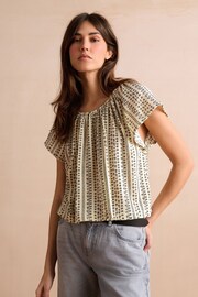 Cream Stripe Print Textured Flutter Sleeve Top - Image 1 of 6