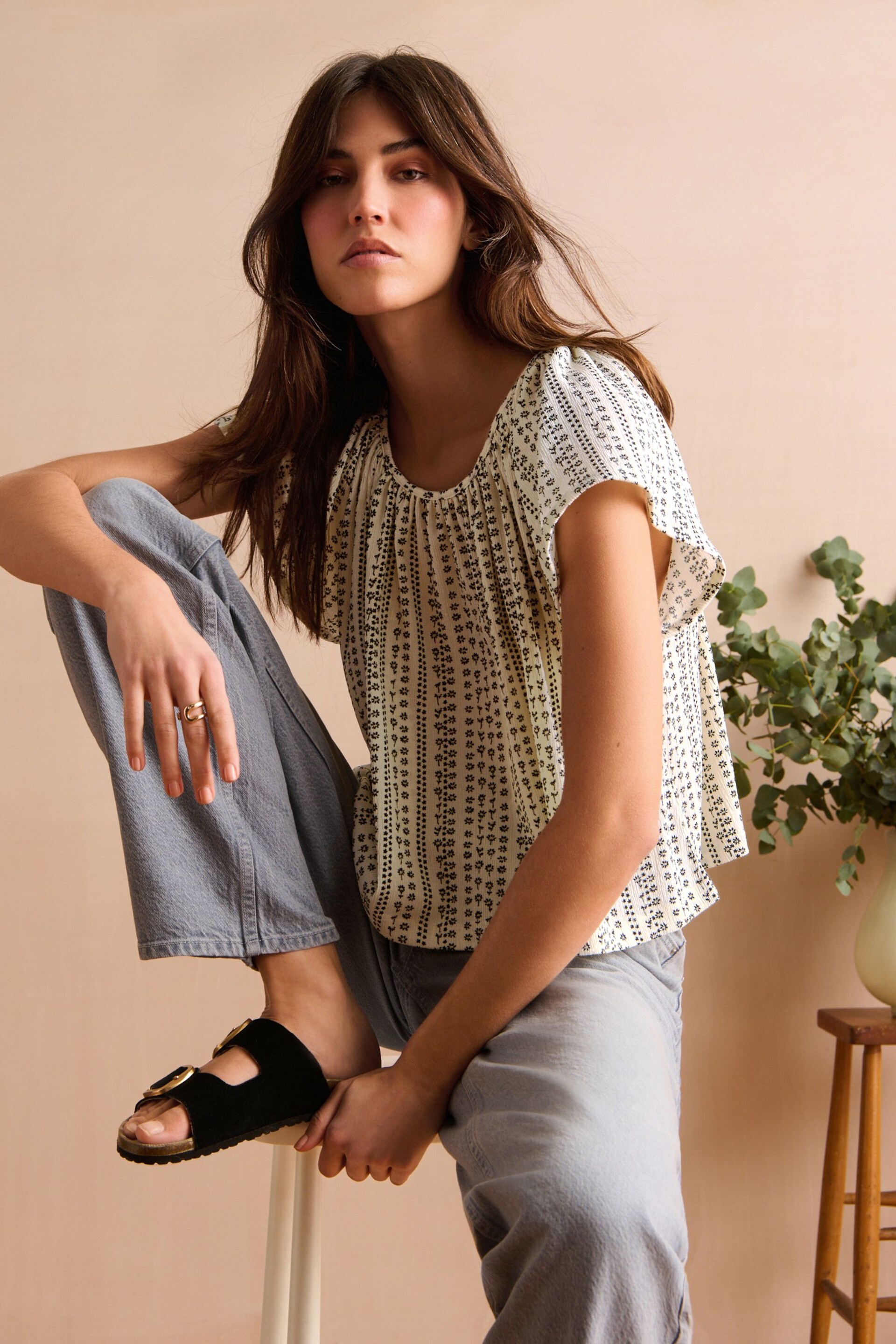 Cream Stripe Print Textured Flutter Sleeve Top - Image 3 of 6