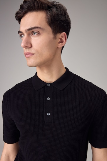 Black Knitted Waffle Textured Regular Fit Polo Shirt