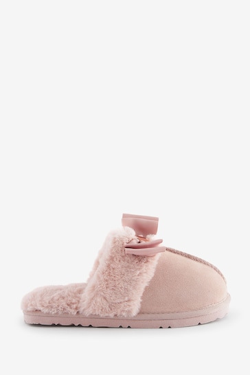 Baker by Ted Baker Girls Pink Faux Fur Trim Mule Slippers with Bow