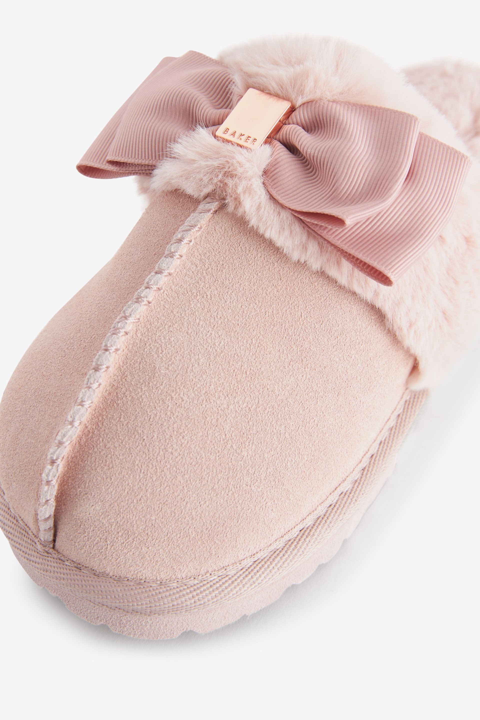 Baker by Ted Baker Girls Pink Faux Fur Trim Mule Slippers with Bow - Image 2 of 4