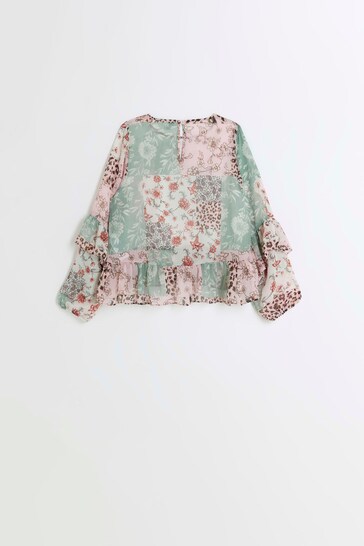 River Island Natural Girls Multi-Colour Patchwork Frill Blouse