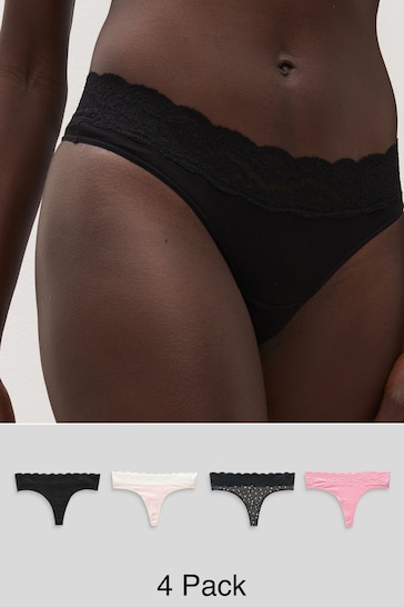 Black/Pink Heart Print Thong Cotton and Lace Knickers 4 Pack