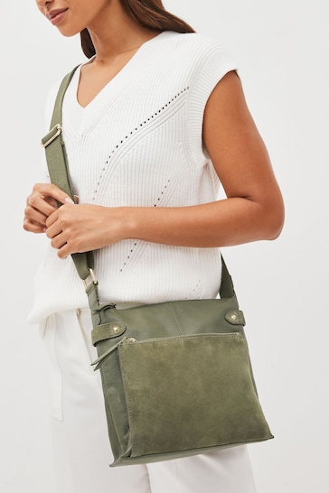 Khaki Green Leather Pocket Messenger Bag