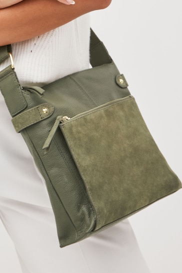 Khaki Green Leather Pocket Messenger Bag