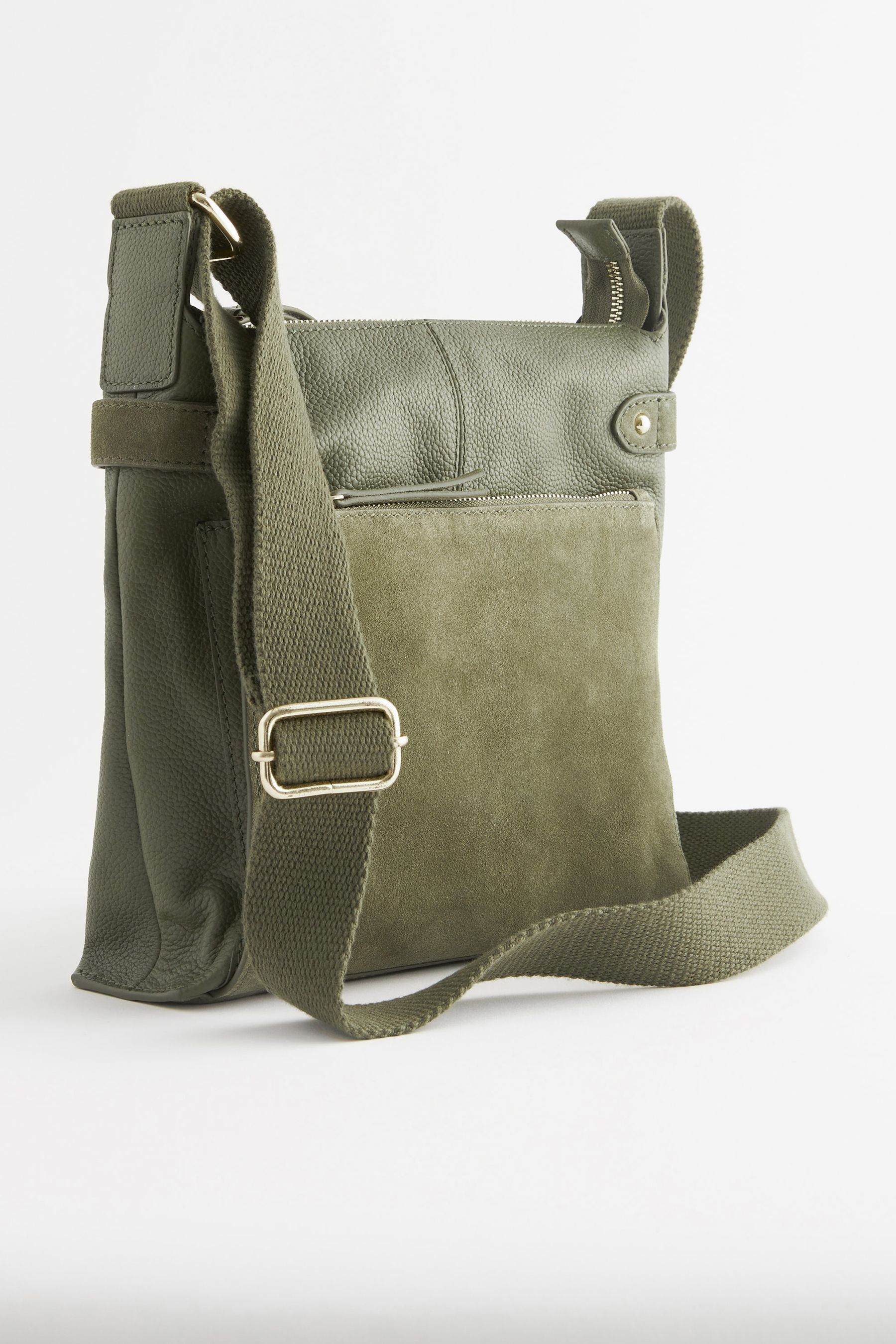 Khaki Green Leather Pocket Messenger Bag