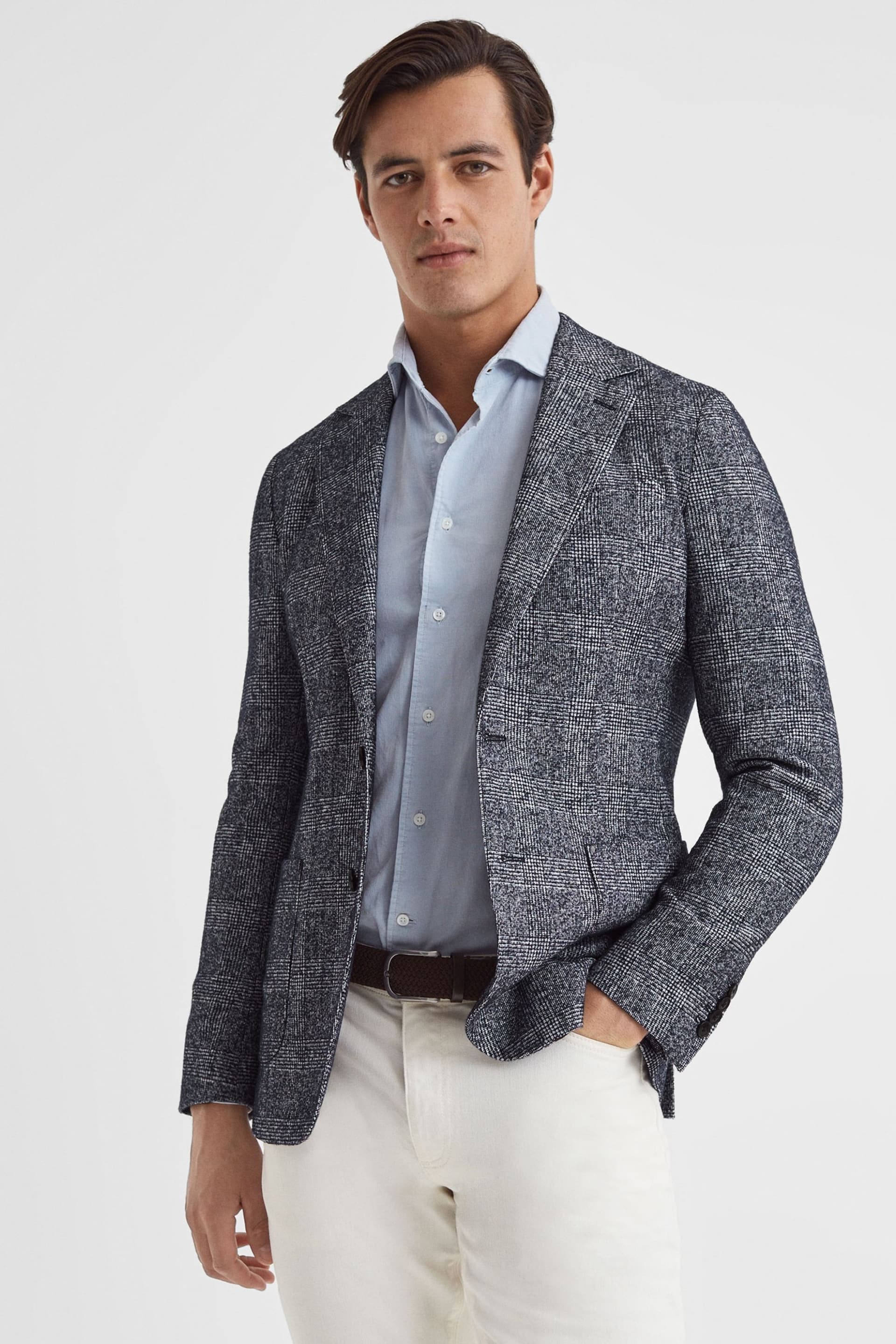 Reiss Navy Lindhurst Slim Fit Single Breasted Check Blazer - Image 1 of 7