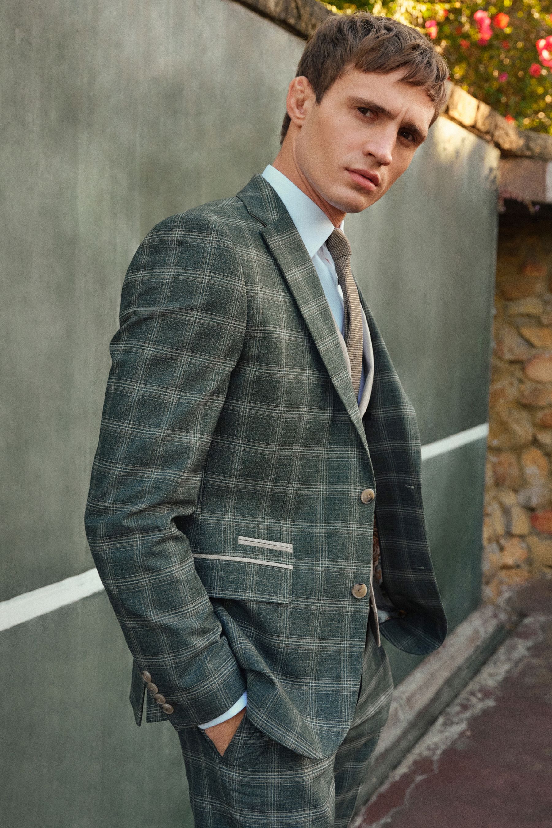 Green Slim Trimmed Check Suit Jacket