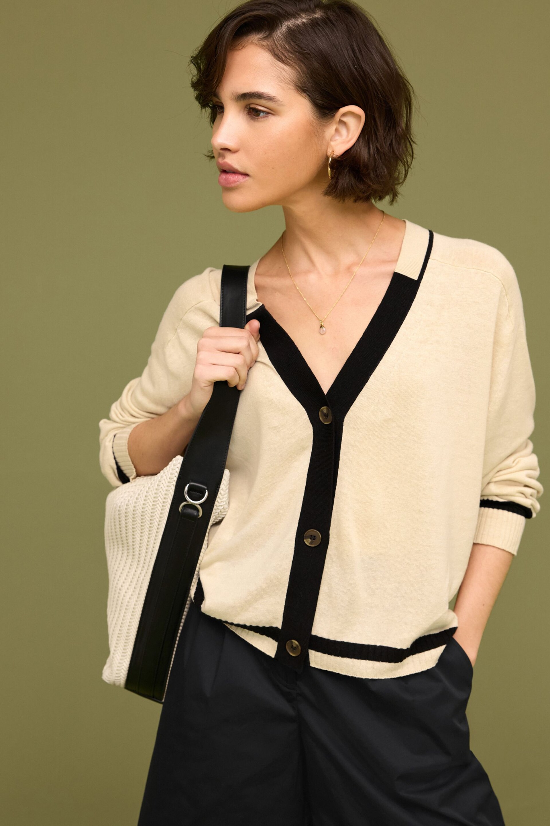 Neutral Brown Linen Button Up Cardigan - Image 1 of 7