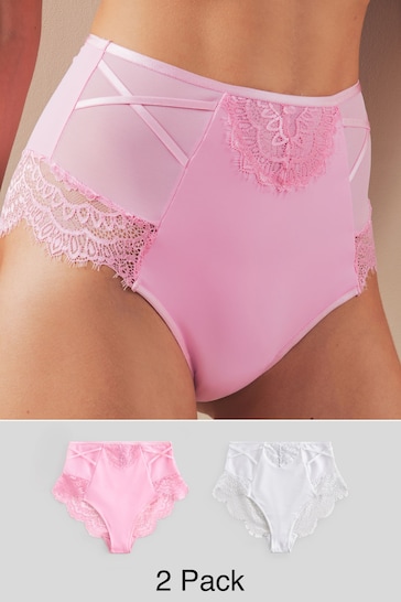 Pink/White High Rise Tummy Control Lace Knickers 2 Pack