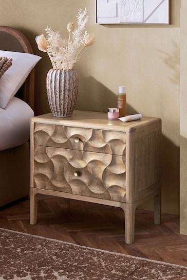 Mid Natural Alba Solid Mango 2 Drawer Wide Bedside Table