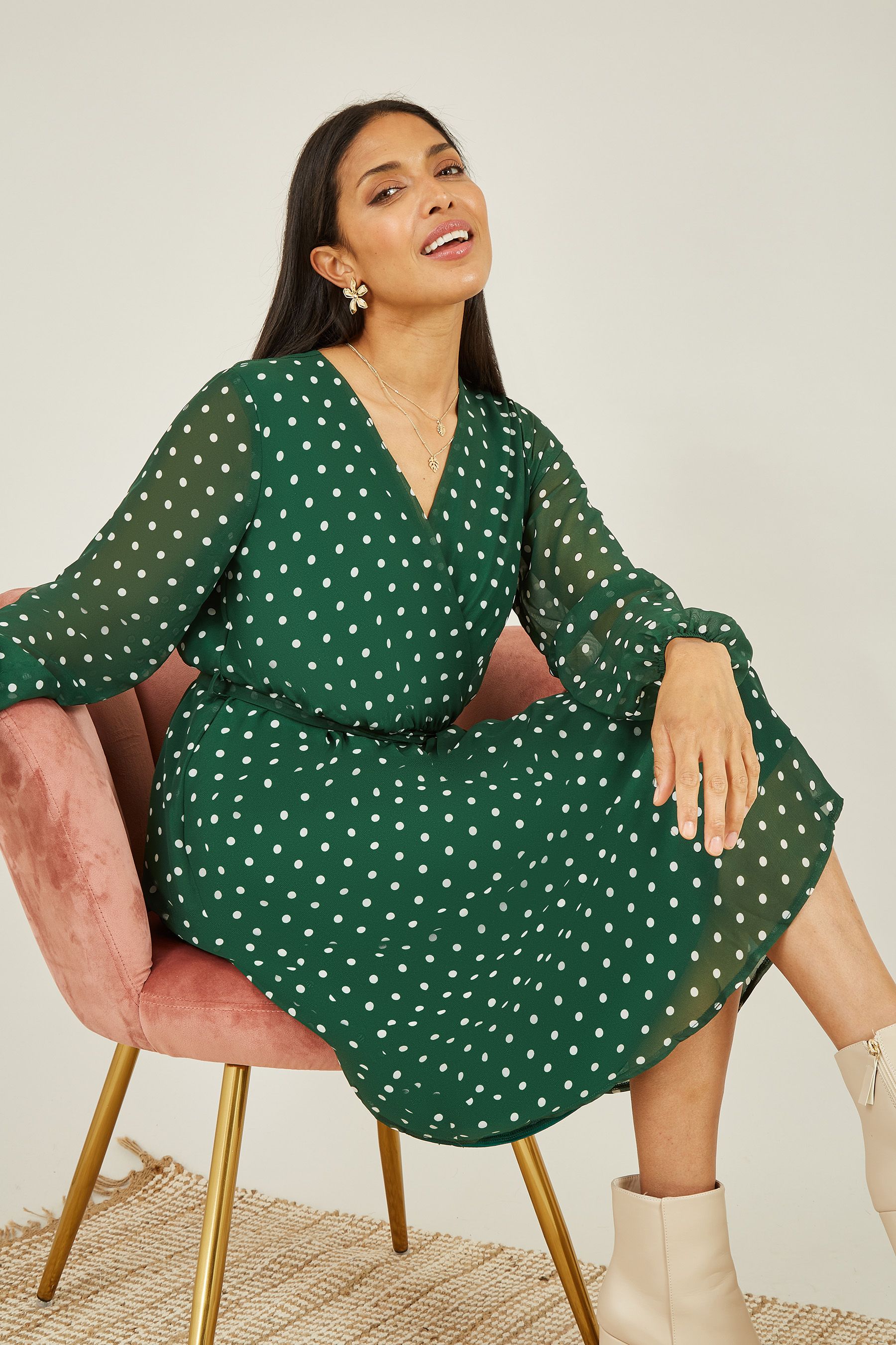 Mela Green Polka Dot Long Sleeve Midi Wrap Dress