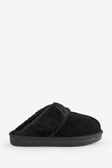 Simply Be Black Suede Central Seam Slippers In Wide Fit