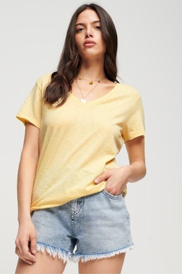 Superdry Yellow Slub Embroidered V-Neck T-Shirt