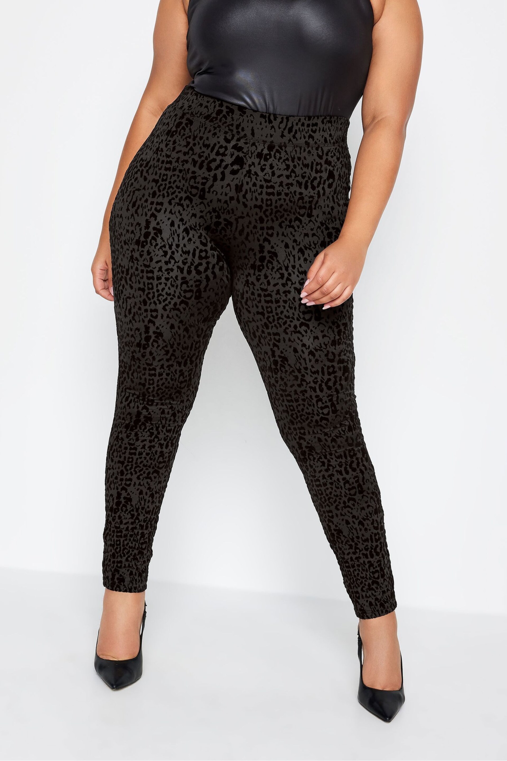 Yours Curve Black Flocked Leopard Leggings - Image 1 of 4