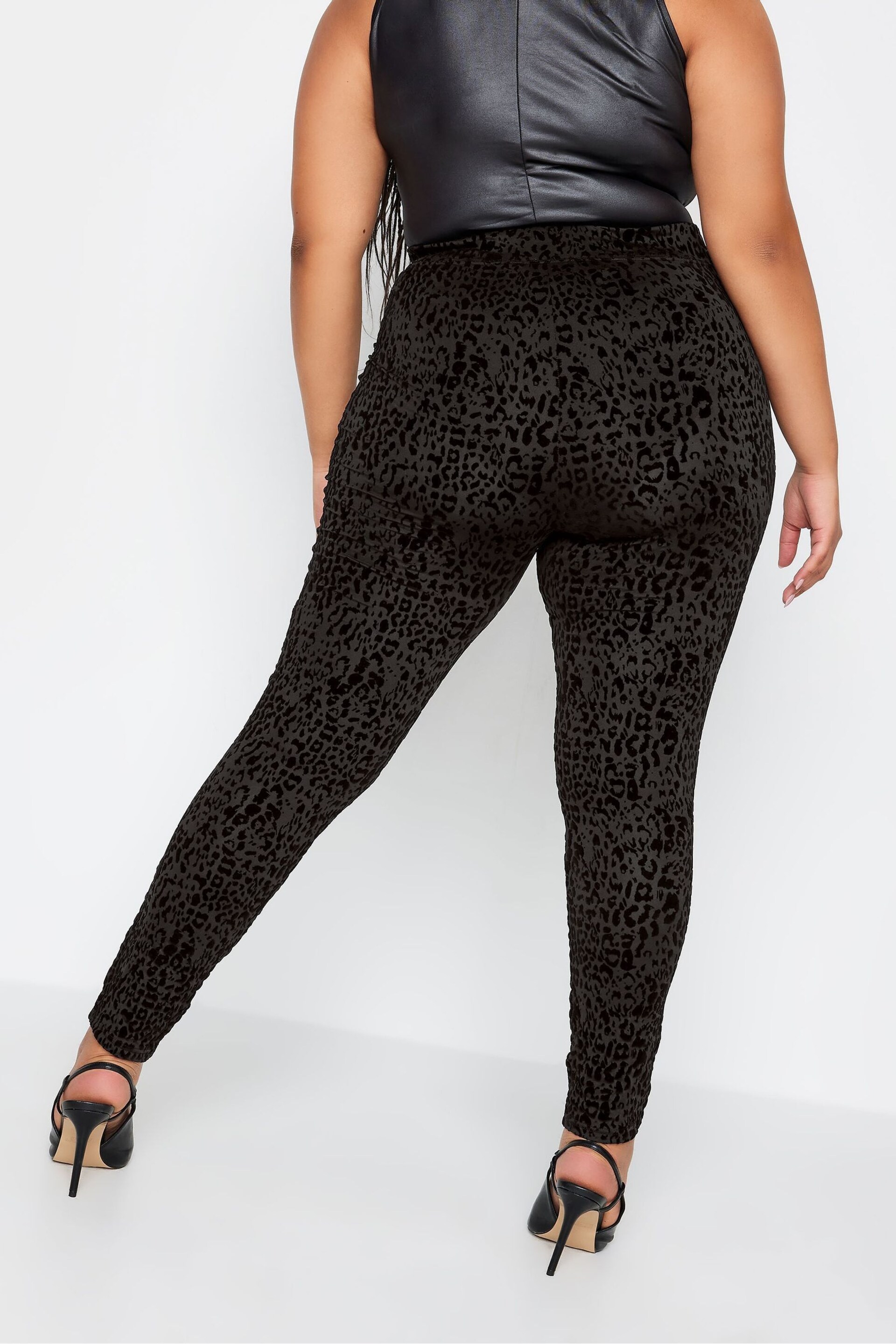 Yours Curve Black Flocked Leopard Leggings - Image 2 of 4