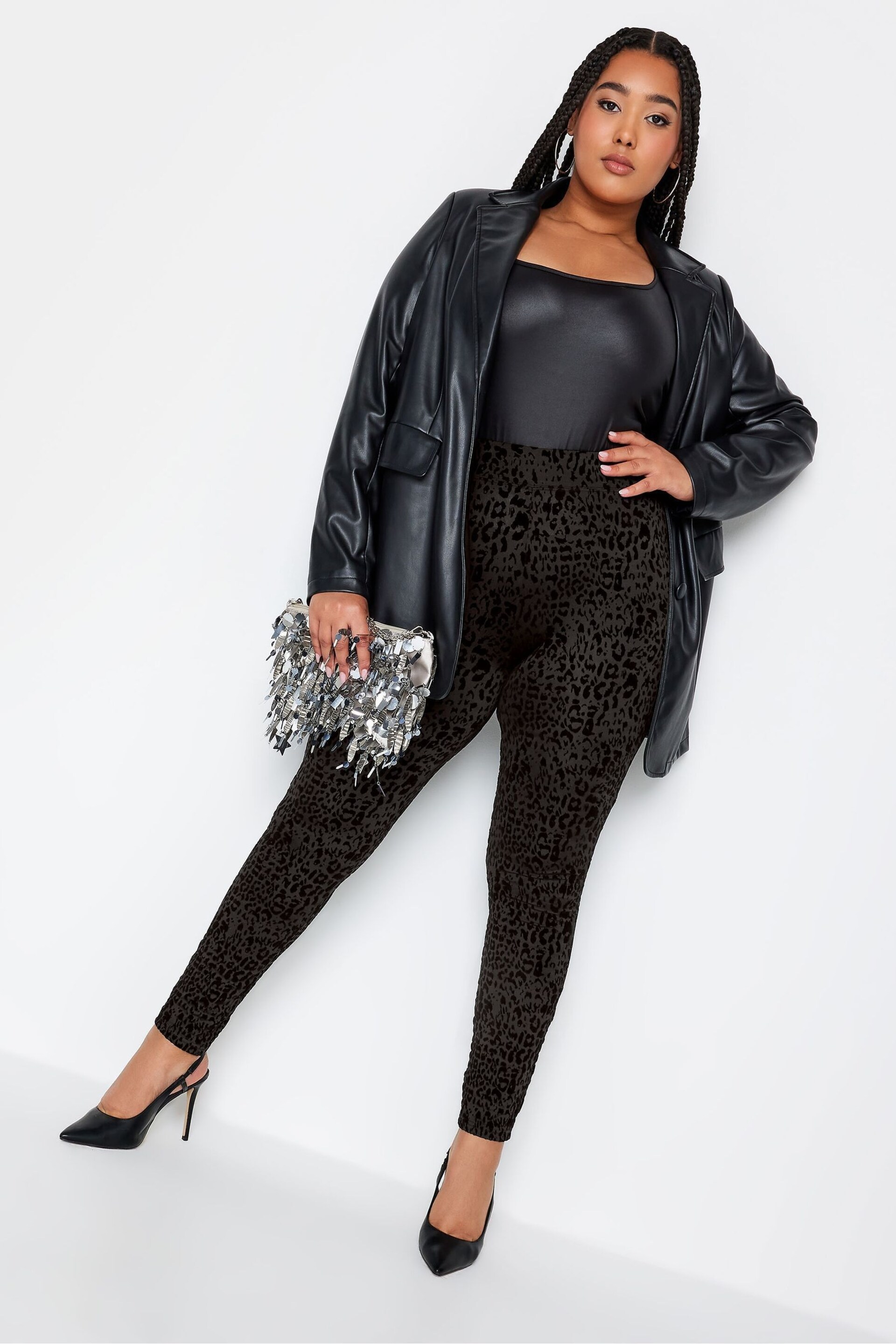 Yours Curve Black Flocked Leopard Leggings - Image 3 of 4