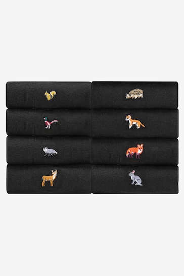 Black Woodland Animals 8 Pack Embroidered Socks