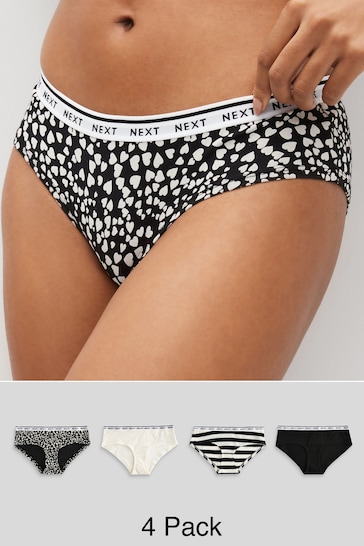 White/Black Printed Short Cotton Rich Logo Knickers 4 Pack