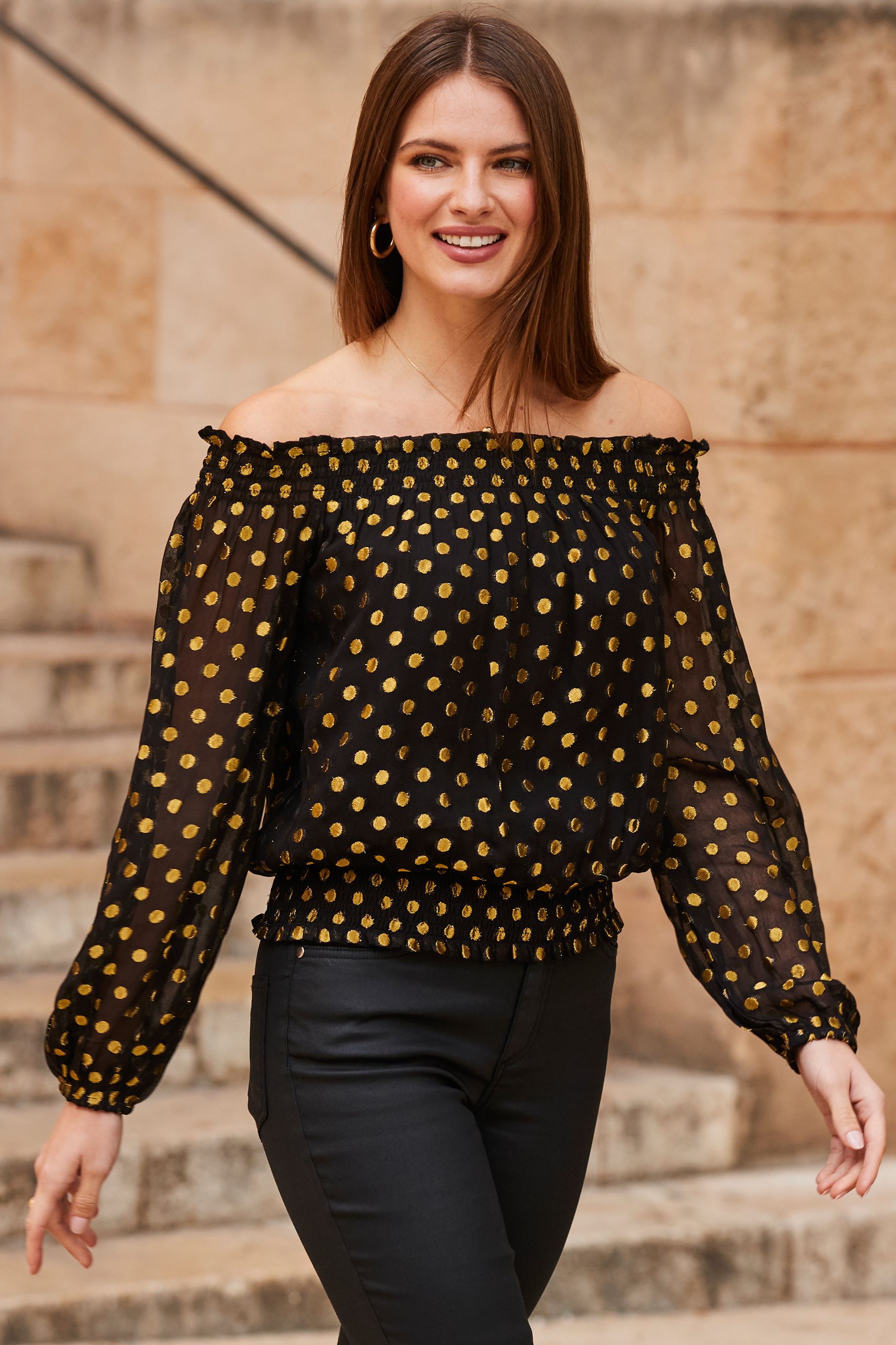 Buy Sosandar Black Spot Bardot Top from the Next UK online shop