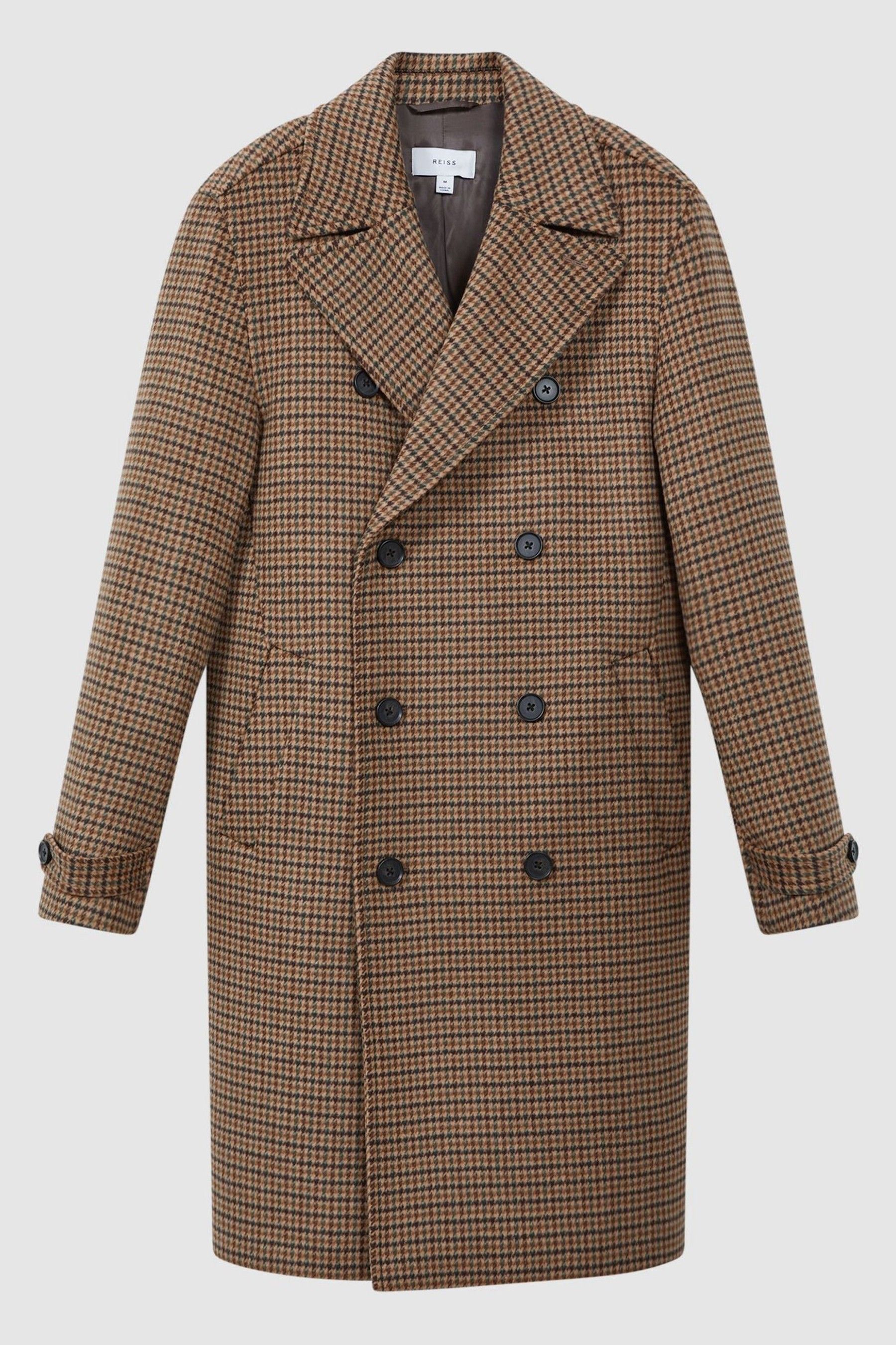 Reiss Camel Unity Modern Fit Wool Blend Double Breasted Dogtooth Coat