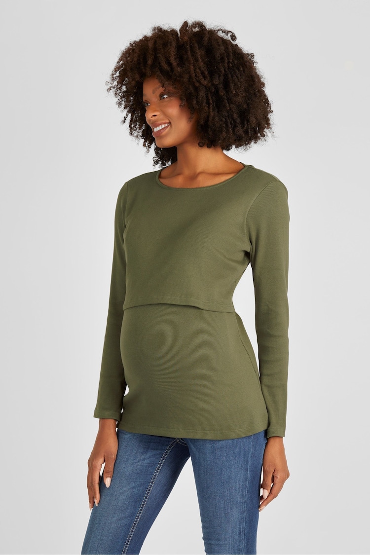 JoJo Maman Bébé Khaki Ribbed Maternity & Nursing Jersey Top - Image 1 of 4