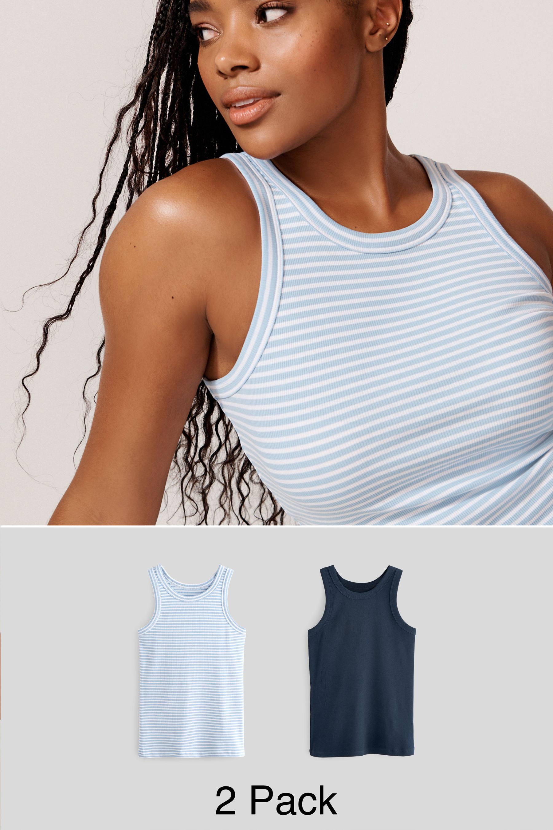 Buy Navy Blue Blue White Stripe High Neck Ribbed Racer Vest Tops 2 Pack from Next Ireland