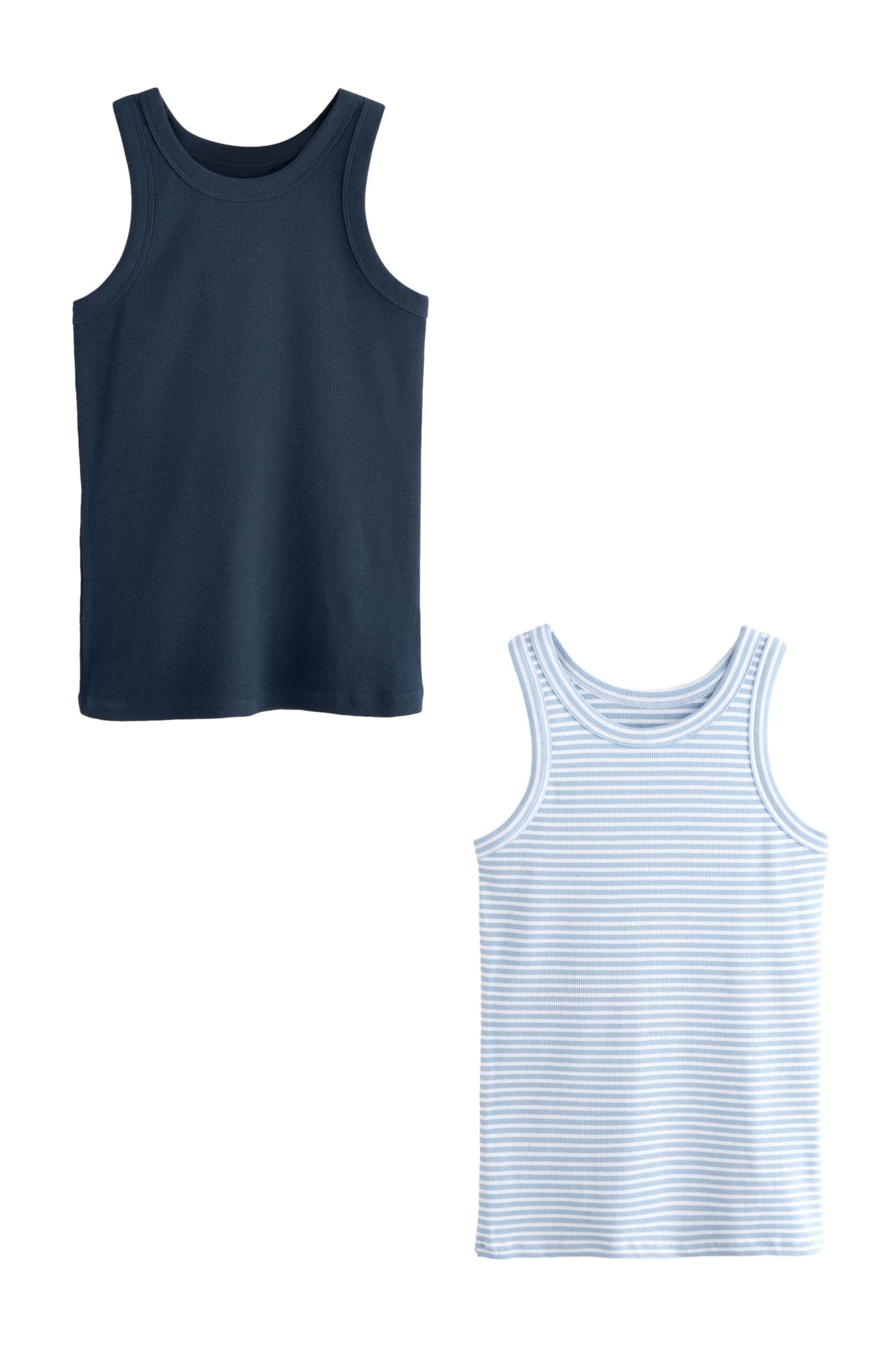 Buy Navy Blue Blue White Stripe High Neck Ribbed Racer Vest Tops 2 Pack from Next Luxembourg